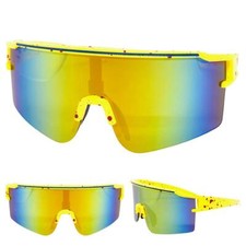 Oversized RETRO SPORTY WRAP AROUND Shield Cycling SUN GLASSES Large Yellow Frame