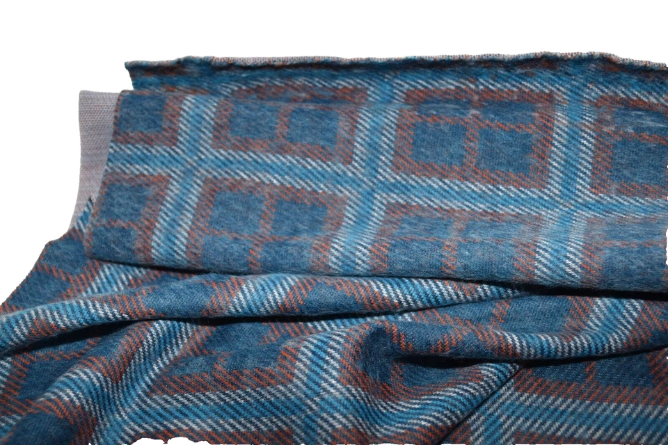 Tela forrada de lana vintage años 70 cuadrados azules con detalles naranjas 2 yardas 20 pulgadas Foto 3 de 4