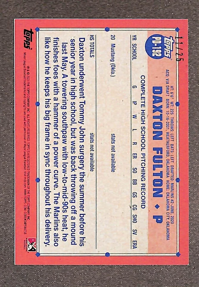 2022 Topps Pro Debut #PD-192 Daxton Fulton Orange Border /25 - Image 2 of 3