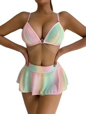 Women's Babydoll Lingerie Sexy Nightwear Dress Lace Sleepwear Bra Mini Skirt Set