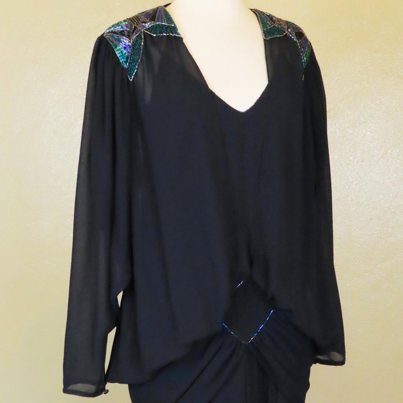 Vintage 80s 20s Drop Waist Black Sheer Flapper Be… - image 10