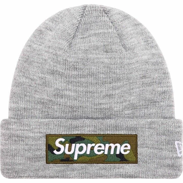 Boîte Supreme x New Era logo Beanie Heather gris camouflage FW23 en main expédié aujourd'hui !