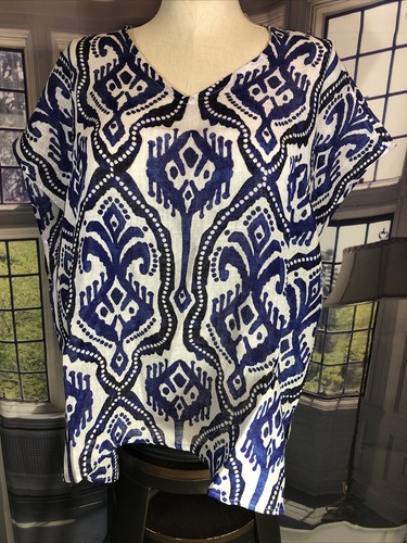 Chicos NWT S/M Washed IKAT Poncho Top Blue White Linen Top Small Medium MSRP $99 - Picture 2 of 11