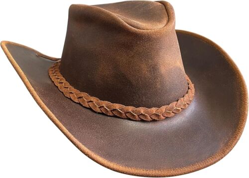 Real Leather Cowboy Hat Mens Vintage Chinstrap Australian Western Style Bush Hat - Picture 7 of 89