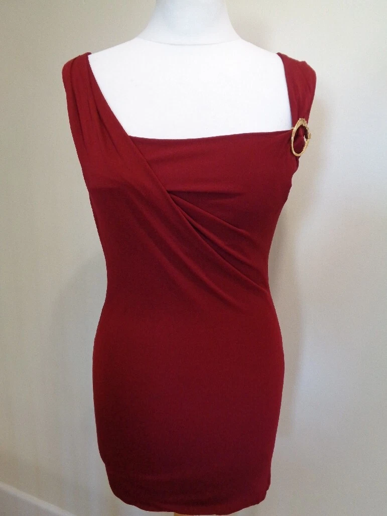 ROBE MOULANTE SANS MANCHES ROUGE FONCÉ GUCCI AVEC BAGUE TÊTE DE CHEVAL DORÉE   TAILLE XS