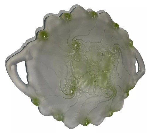 Indiana Glass Wild Rose Pattern 12” Pale Green Tray Satinized Handled VTG USA - Picture 5 of 6
