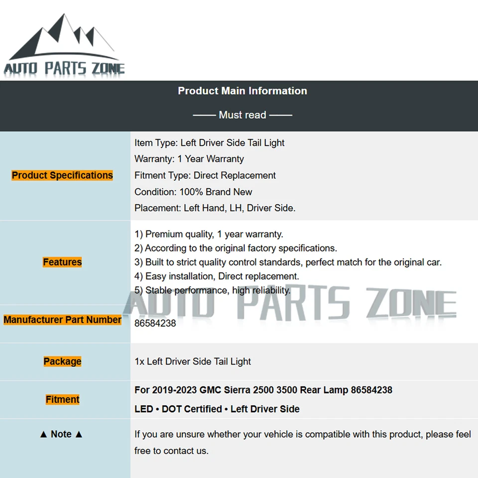 Luz trasera LED conductor izquierdo para GMC Sierra 2500 3500 2020-2023 lámpara trasera 86584238 Foto 2 de 4