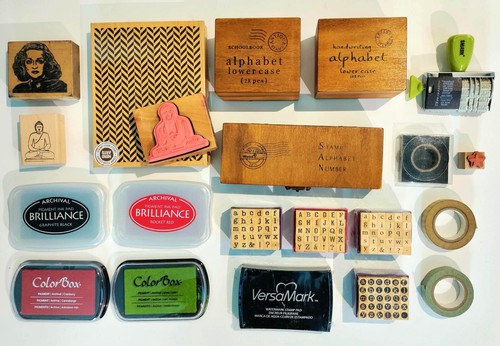 Big set: Wood Rubber Alphabet Stamps, Schoolbook, Brilliance Ink Pad, Color box