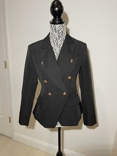Black S Notched Double Breasted Blazer Fitted Lined Career Jacket Gold Button