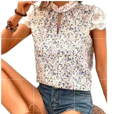 Floral Print Contrast Sleeve Blouse Size M