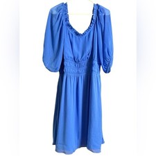 Vince Camuto Royal Blue Mini Dress 14W Fit & Flare Chiffon Puff Sleeve Holiday