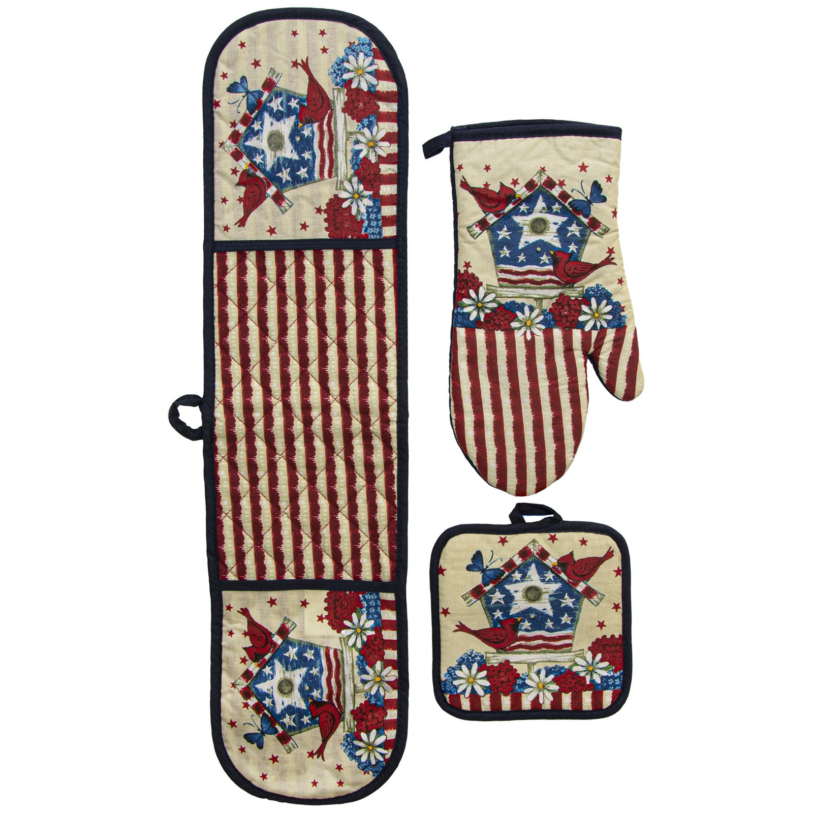 Americana Birdhouse 3 Piece Oven Mitt and Pot Holder Set in Red White Blue 4490₽