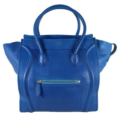 CELINE Cobalt Blue Red Leather Recessed Zip-Top MINI LUGGAGE Large Tote Bag