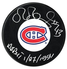 Patrice Brisebois Autographed Montreal Canadiens Debut Inscribed Puck NO TARIFFS