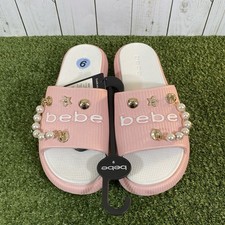 Bebe Malaga Lounging Slides Slippers Women SZ 9 Pink Pearls Charm Outdoor Indoor