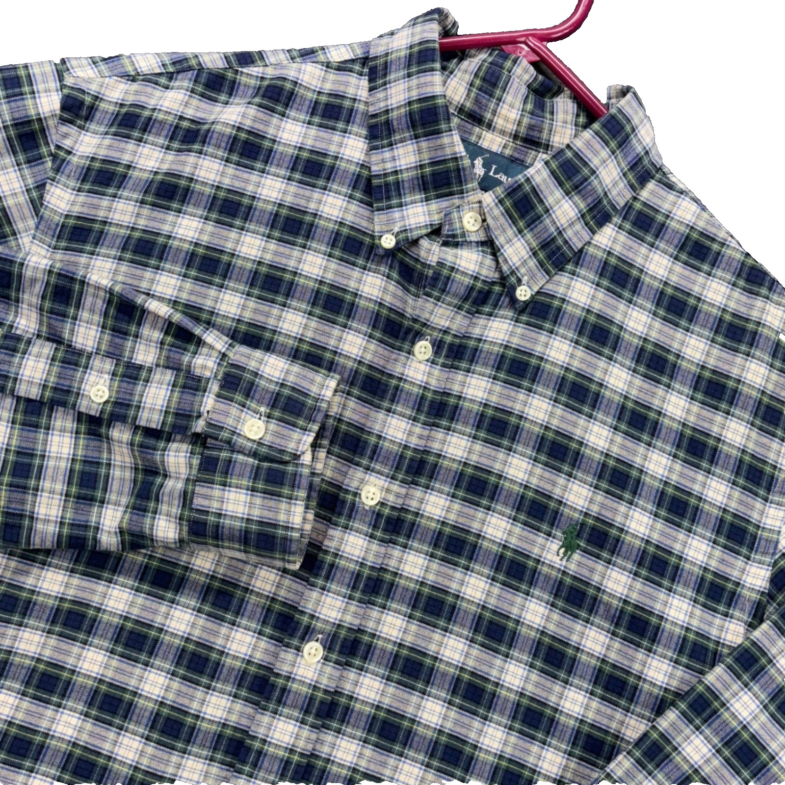 Vintage Ralph Lauren Polo Shirt Mens L Custom Fit Button Down Plaid Navy Green