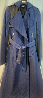 Cut25 Belted Leather Accent Long Blue Black Trench Coat Zipper Pockets Women S