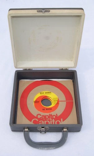 Vintage Square Hard-Shell 45 rpm Record Holder with 3 Beatles 45 Records-Capitol