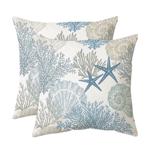 Nautical Coastal Throw Pillow Covers 18x18 Set of 2 Beach Themed Ocean Seashe...