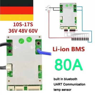 JBD Smart BMS 10S-17S 80A Li-ion Battery Same Port 36V 48V 60V w/ Balance BT DE