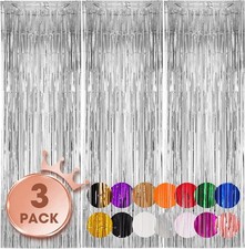 3 Pack 3.3x8.2 Feet Silver Foil Fringe Backdrop Curtains, Tinsel Streamers