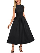 Women's Retro Half Collar Sleeveless with Pocket Casual Swing Dress (Black, M...
