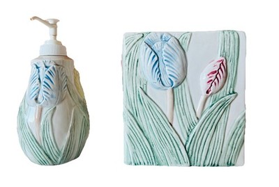 Vtg 80s Fitz & Floyd Tulips Ceramic Tissue Box Cover & Soap Bottle **READ**