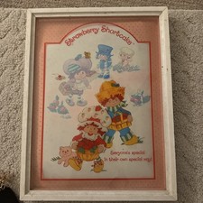 Vintage 1980 Strawberry Shortcake  Friends Wood Framed 3D Glass Print Rare