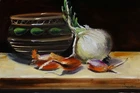 vintage plate and vegetables kitchen still life Oil painting UKRAINE 8X12
