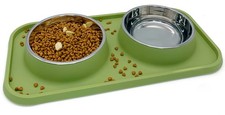BNOSDM Double Dog Bowls with Non-Spill Mat - Perfect for Small Pets, Green