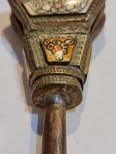 Vintage handgefertigter marokkanischer Rabuz Blasebalg Holz Leder Messing Knochen verziert - Bild 8 von 9