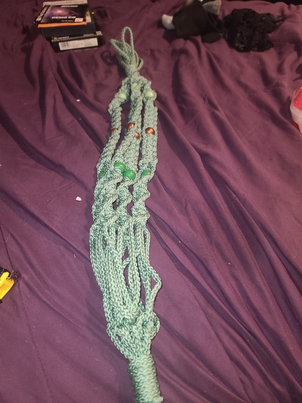 GREEN THICK CORD  PLANT HANGER W/ BEADS  - 35IN