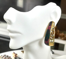 Gold Tone Purple Teal Rose Enamel Open Work Semi Hoop 1.5" USA Made Earrings