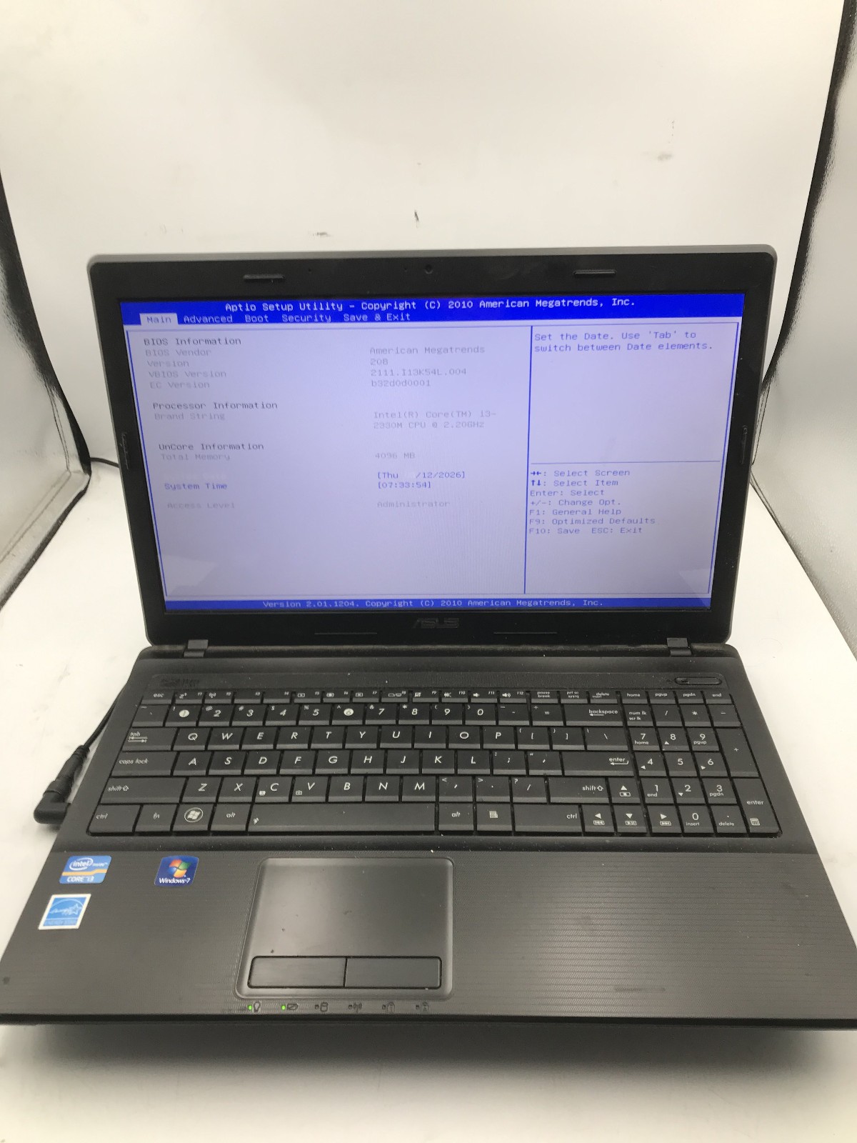 ASUS X54L BBK4 - BOOTS TO BIOS - INTEL I3 2330M - NO RAM - READ DESCRIPTION - BB