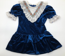 Vintage Little Girl Blue Soft Velour Ruffled Lace Dress Size 6