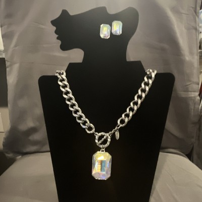 Tracy Lynn Silver Tone Glass Necklace & Earrings Set Clear Rectangular Stone