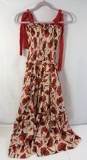 En Saison Dress Small Midi Tiered Smocked Cream Red Floral Leaf Cottagecore