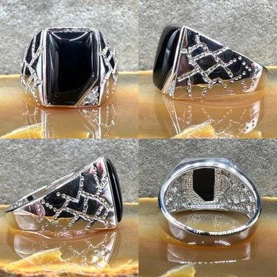 Men's Onyx Silver Nugget Onyx and Diamond Ring Size 9 .925 Sterling Silver. - Image 1 of 4