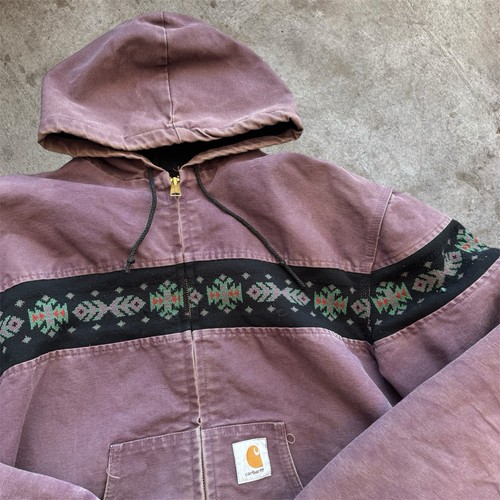 Vintage 90s Carhartt Aztec Hooded Jacket JR0057 Purple XL - Picture 2 of 6