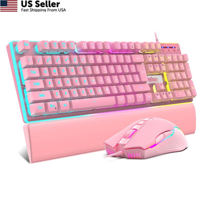 RedThunder K10 Wired Gaming Keyboard and Mouse Wrist Rest Combo, RGB Pink 