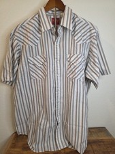 Plains Western Wear Short Sleeve White Gray Red Yellow Stripe Pearl Snap XL
