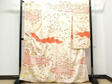 Japanese Kimono Long-Sleeved Embroidery Shibori Landscape Flower Pure Silk