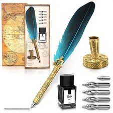 Vintage Feather Quill Pen and Ink Set - Elegant Blue 8 Piece Set,