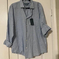 Perry Ellis Button Up Shirt Mens Size Large Blue Linen Roll Tab Sleeve