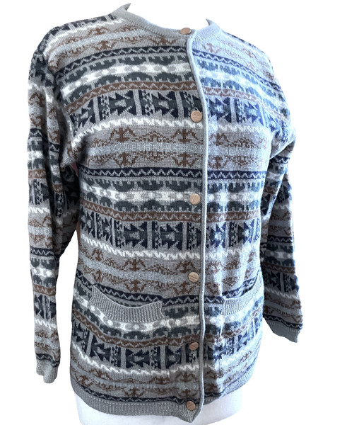 Vintage Cardigan Pullover Grey Blue & Brown Wool Pockets Sz 12 Button Up 1980's