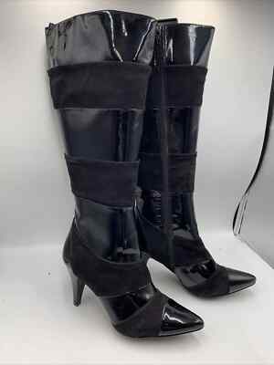 Roberto Boteila schwarze kniehohe Stiefel aus Leder und Wildleder & Lack. Spitz zulaufend. Uk6