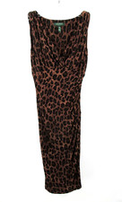LAUREN RALPH LAUREN Midi Dress Women Size 2 Brown Animal Print Stretch Ruched