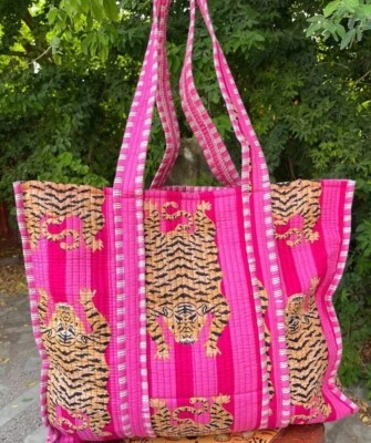 HANDMADE Indian Pink Tiger Printed Quilted Shoulder Bag Women's Beach Cotton Handbag UK