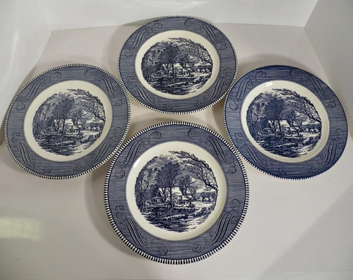 Royal China CURRIER & IVES Dinner Plate (s) LOT OF 4 The Old Grist Mill 10" Blue