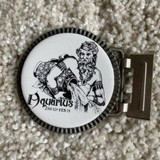 Vintage 1970s AQUARIUS Zodiac Starlight Ceramic Metal Belt Buckle Astrology